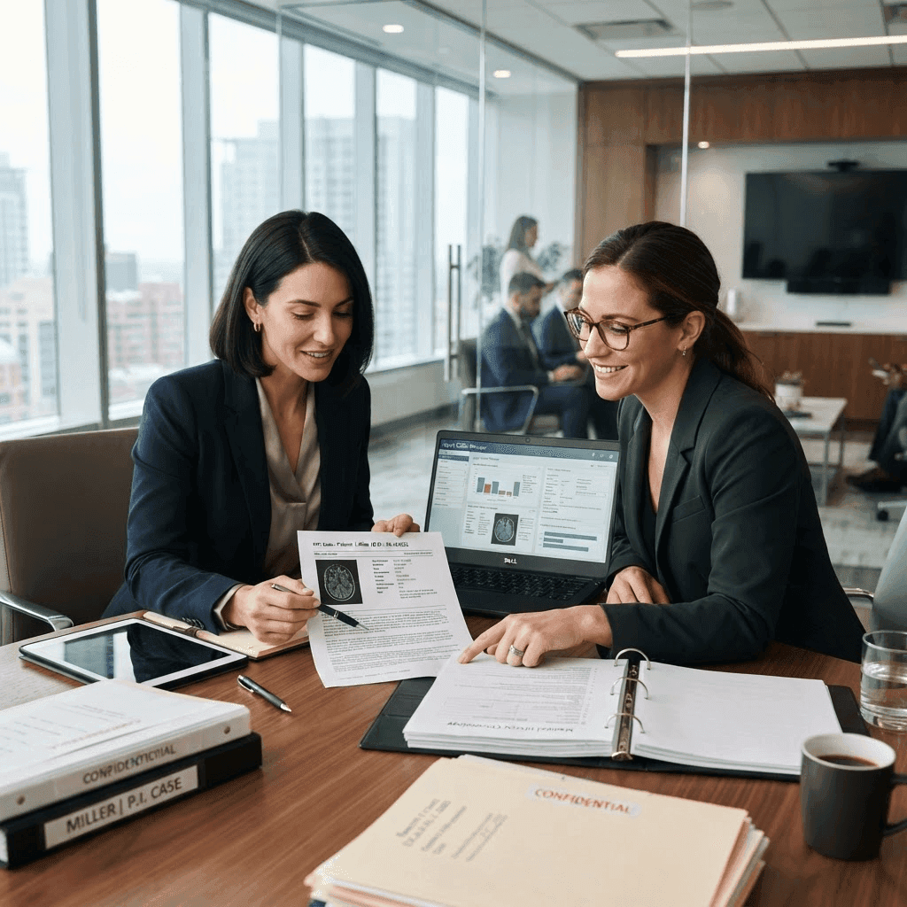 Two case managers reviewing medical records and case files together in a law office