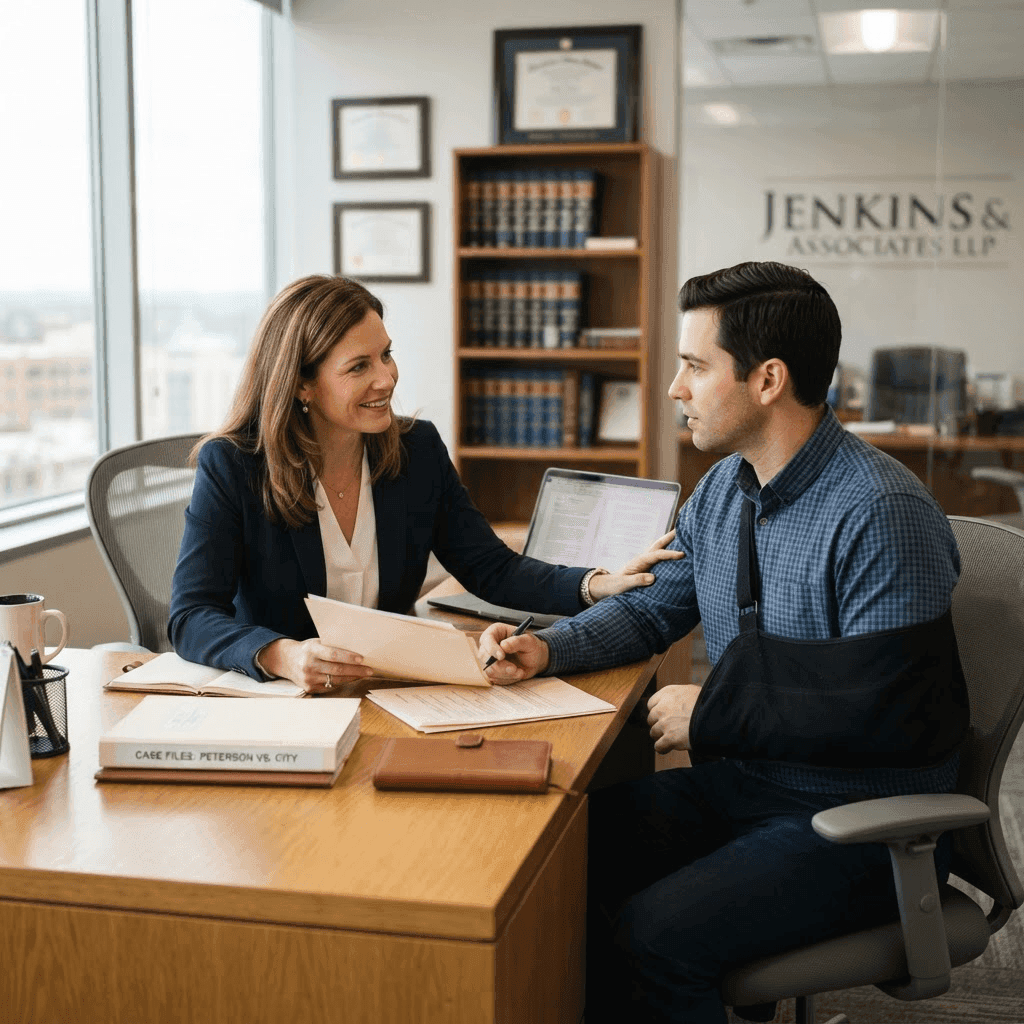 Attorney consulting with an injured client across a desk in a modern law office