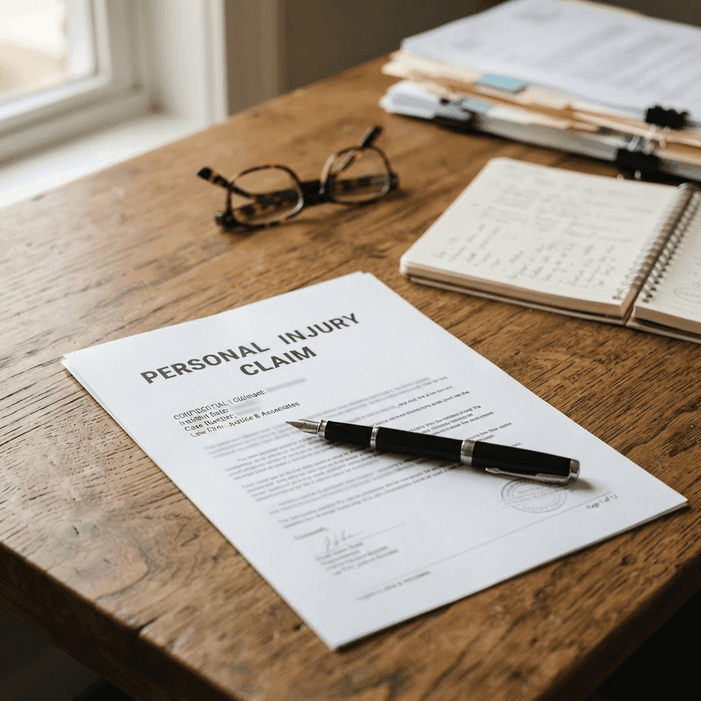 Personal injury claim document on a desk with a pen and reading glasses